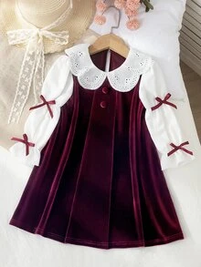 Girlss Velvet Long Sleeve Princess Dress Fall Overall 2 In 1 Design White Hollow Embroidery Large Lapel Puff Long Sleeves Burgundy Satin Bows On Both - Burgundy - View 3