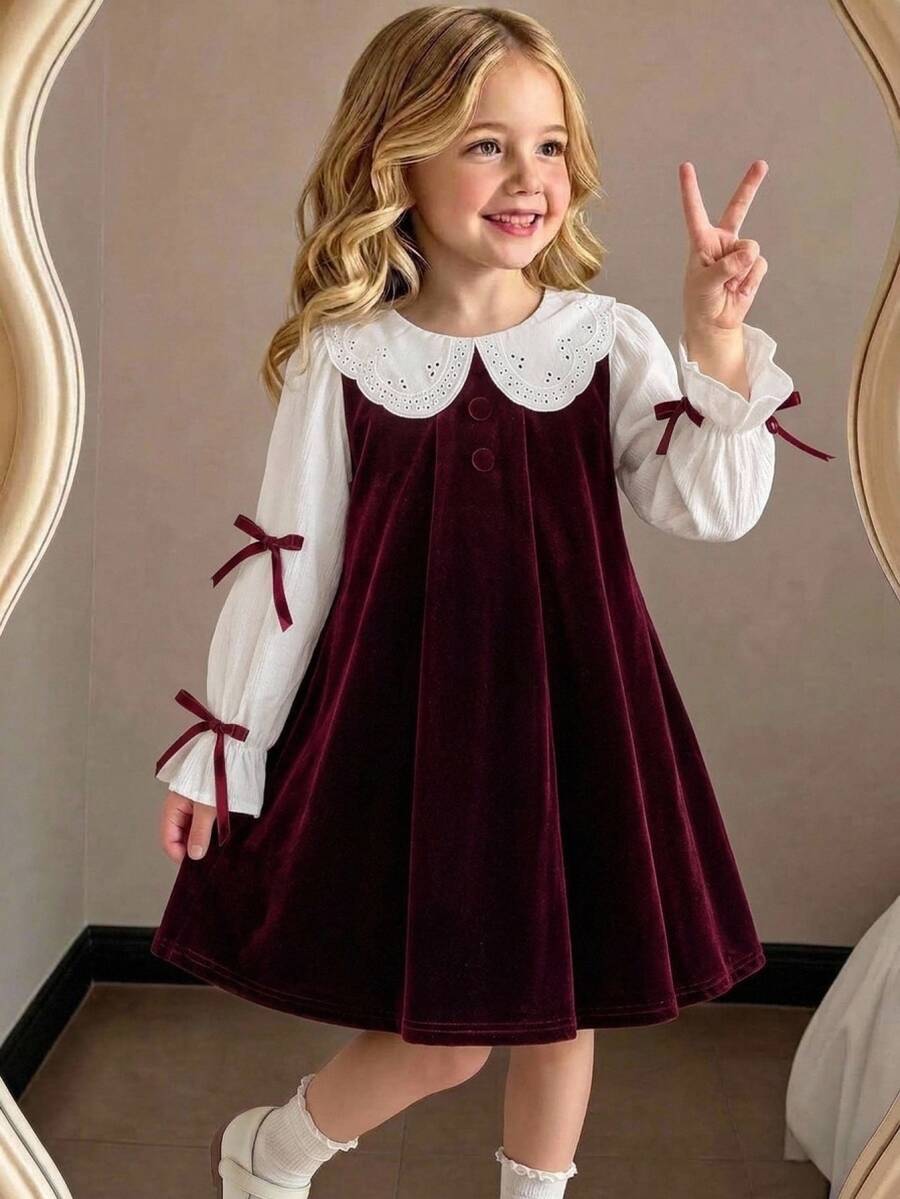 Girlss Velvet Long Sleeve Princess Dress Fall Overall 2 In 1 Design White Hollow Embroidery Large Lapel Puff Long Sleeves Burgundy Satin Bows On Both - Burgundy - View 1