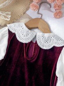 Girlss Velvet Long Sleeve Princess Dress Fall Overall 2 In 1 Design White Hollow Embroidery Large Lapel Puff Long Sleeves Burgundy Satin Bows On Both - Burgundy - View 5