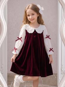 Girlss Velvet Long Sleeve Princess Dress Fall Overall 2 In 1 Design White Hollow Embroidery Large Lapel Puff Long Sleeves Burgundy Satin Bows On Both - Burgundy - View 9