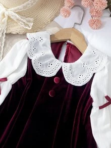 Girlss Velvet Long Sleeve Princess Dress Fall Overall 2 In 1 Design White Hollow Embroidery Large Lapel Puff Long Sleeves Burgundy Satin Bows On Both - Burgundy - View 7
