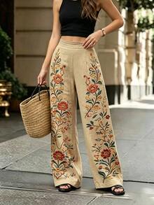 Balvessa [Printed Design] Women's Floral Pattern Pocket Wide Leg Loose Casual Pants For Vacation - Multicolor - View 5