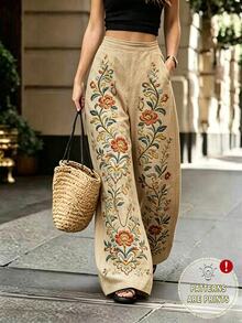 Balvessa [Printed Design] Women's Floral Pattern Pocket Wide Leg Loose Casual Pants For Vacation - Multicolor - View 1