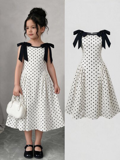 Firerie Kids Firerie Kids Young Girl Young Girls Casual Elegant Fashion Daily Versatile Polka Dot Round Neck Detachable Bow Sleeveless Dress Young Girl