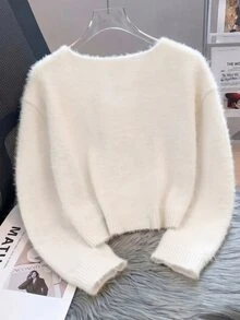 Franclia Precision Love Double-Row Hollow Fuzzy Women's Crew Neck Cardigan TL-57 - White - View 2