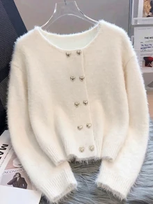 Franclia Precision Love Double-Row Hollow Fuzzy Women's Crew Neck Cardigan TL-57 - White - View 1