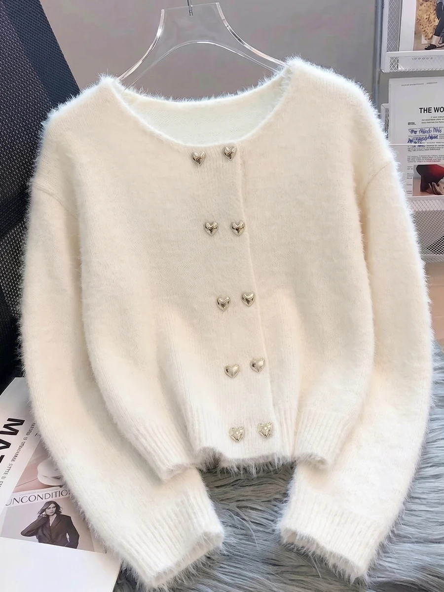 Franclia Precision Love Double-Row Hollow Fuzzy Women's Crew Neck Cardigan TL-57 - White - View 1