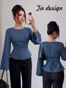 SHEIN Clasi Fall Business Casual Smart Casual Work Office Boat Neck Flared Sleeve Back Tie Waist Ruched Women's Blouse Slate Blue - Blue - View 4