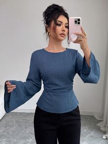 SHEIN Clasi Fall Business Casual Smart Casual Work Office Boat Neck Flared Sleeve Back Tie Waist Ruched Women's Blouse Slate Blue - Blue - View 7