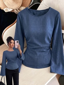 SHEIN Clasi Fall Business Casual Smart Casual Work Office Boat Neck Flared Sleeve Back Tie Waist Ruched Women's Blouse Slate Blue - Blue - View 8