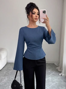 SHEIN Clasi Fall Business Casual Smart Casual Work Office Boat Neck Flared Sleeve Back Tie Waist Ruched Women's Blouse Slate Blue - Blue - View 3