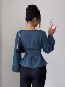 SHEIN Clasi Fall Business Casual Smart Casual Work Office Boat Neck Flared Sleeve Back Tie Waist Ruched Women's Blouse Slate Blue - Blue - View 2