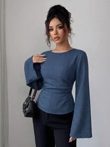 SHEIN Clasi Fall Business Casual Smart Casual Work Office Boat Neck Flared Sleeve Back Tie Waist Ruched Women's Blouse Slate Blue - Blue - View 6