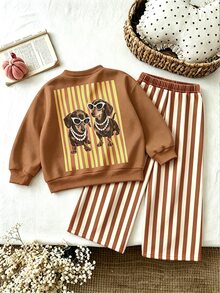 SHEIN Playful Pals 女嬰 2 件組秋季套裝 卡通狗狗印花圓領衛衣與條紋長褲 可愛休閒嬰兒服 - 彩色 - 查看 1