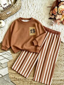 SHEIN Playful Pals 女嬰 2 件組秋季套裝 卡通狗狗印花圓領衛衣與條紋長褲 可愛休閒嬰兒服 - 彩色 - 查看 2