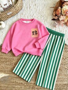 SHEIN Playful Pals 女嬰 2 件組卡通狗狗印花圓領運動衫與條紋長褲套裝，可愛休閒秋季穿搭 - 彩色 - 查看 2