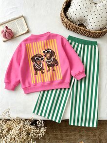 SHEIN Playful Pals 女嬰 2 件組卡通狗狗印花圓領運動衫與條紋長褲套裝，可愛休閒秋季穿搭 - 彩色 - 查看 1