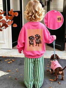 SHEIN Playful Pals 女嬰 2 件組卡通狗狗印花圓領運動衫與條紋長褲套裝，可愛休閒秋季穿搭 - 彩色 - 查看 3