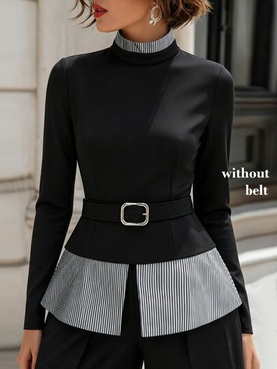 RosyDaze Nueva blusa de mujer para otoño/invierno de cuello redondo, corte slim, patchwork a rayas 2 en 1, estilo francés elegante, atuendo para vacaciones, blusa a rayas, camisa a rayas, top para Halloween, atuendo para ir al trabajo, ropa de oficina, ropa de negocios, top negro para maestra
