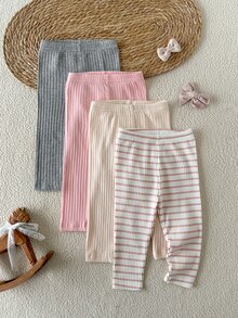 SHEIN Legging Dasar Multi-Potong untuk Bayi Perempuan Musim Gugur/Dingin 0-3 Tahun Warna Abu-abu, Merah Muda, Khaki Muda. Motif Garis-garis, Cocok untuk Sekolah, Pakaian Sehari-hari, Jalan-jalan, dan Lainnya. - MultiWarna - View 4