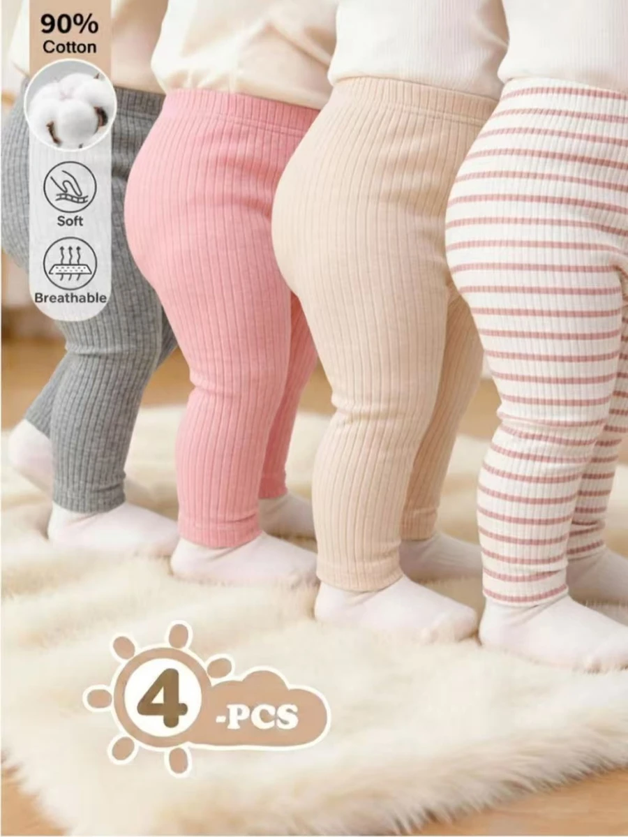 SHEIN Legging Dasar Multi-Potong untuk Bayi Perempuan Musim Gugur/Dingin 0-3 Tahun Warna Abu-abu, Merah Muda, Khaki Muda. Motif Garis-garis, Cocok untuk Sekolah, Pakaian Sehari-hari, Jalan-jalan, dan Lainnya.