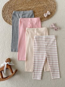 SHEIN Legging Dasar Multi-Potong untuk Bayi Perempuan Musim Gugur/Dingin 0-3 Tahun Warna Abu-abu, Merah Muda, Khaki Muda. Motif Garis-garis, Cocok untuk Sekolah, Pakaian Sehari-hari, Jalan-jalan, dan Lainnya. - MultiWarna - View 3