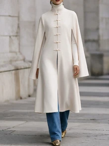 Wandoria Women's Autumn/Winter New Chinese Style Stand Collar Handmade Frog Button Cape Split Long Sleeve Mid-Length A-Line Loose Fit National Style Commute Double-Sided Wool Coat - Apricot - View 4