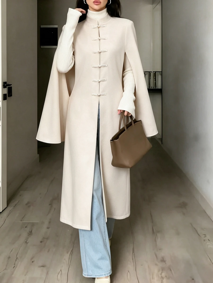 Wandoria Women's Autumn/Winter New Chinese Style Stand Collar Handmade Frog Button Cape Split Long Sleeve Mid-Length A-Line Loose Fit National Style Commute Double-Sided Wool Coat - Apricot - View 1