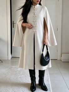 Wandoria Women's Autumn/Winter New Chinese Style Stand Collar Handmade Frog Button Cape Split Long Sleeve Mid-Length A-Line Loose Fit National Style Commute Double-Sided Wool Coat - Apricot - View 2