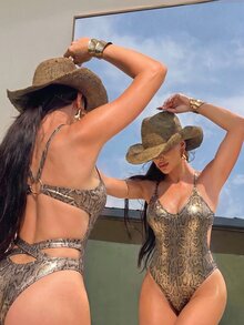 SHEIN Swim Spring/Summer Beach Swimwear, Pure Black Deep V-Neck Spaghetti Strap Backless Cut-Out Thong One-Piece Swimsuit - Multicolor - View 4