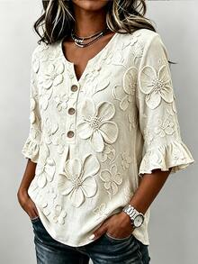 Breezaya Women's Fashion 3D Printed Decor Button Ruffle Cuff Top - Apricot - View 5