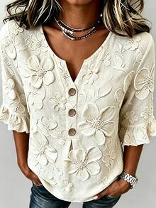 Breezaya Women's Fashion 3D Printed Decor Button Ruffle Cuff Top - Apricot - View 3