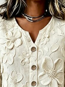Breezaya Women's Fashion 3D Printed Decor Button Ruffle Cuff Top - Apricot - View 4