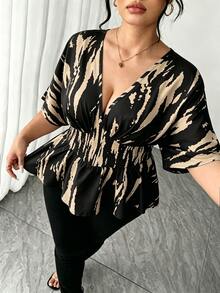 Elenzga 大码女式V领插肩袖休闲衬衫，适合外出、聚会和通勤。 - 黑色 - 查看 5