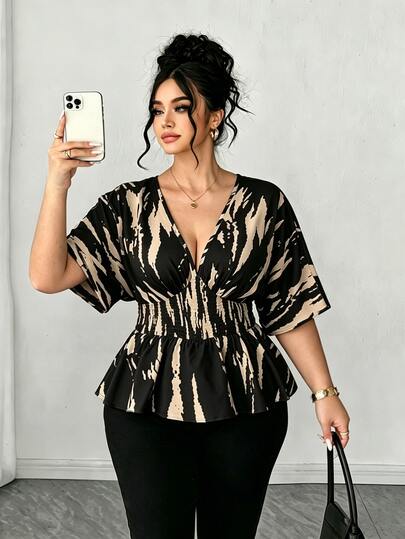 Elenzga Blusa casual de mujer talla grande con cuello en V y mangas raglán, adecuada para salir, fiestas y uso diario