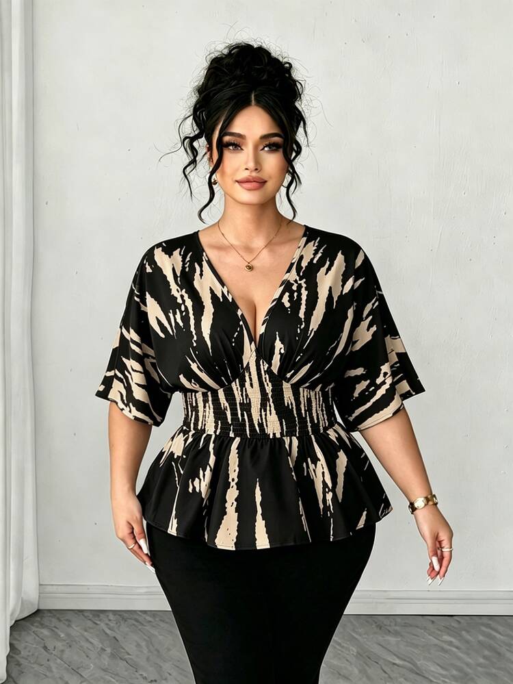 Elenzga Plus Size Women V-Neck Raglan Sleeve Casual Blouse, Suitable For Outing, Party And Commute - Black - View 4