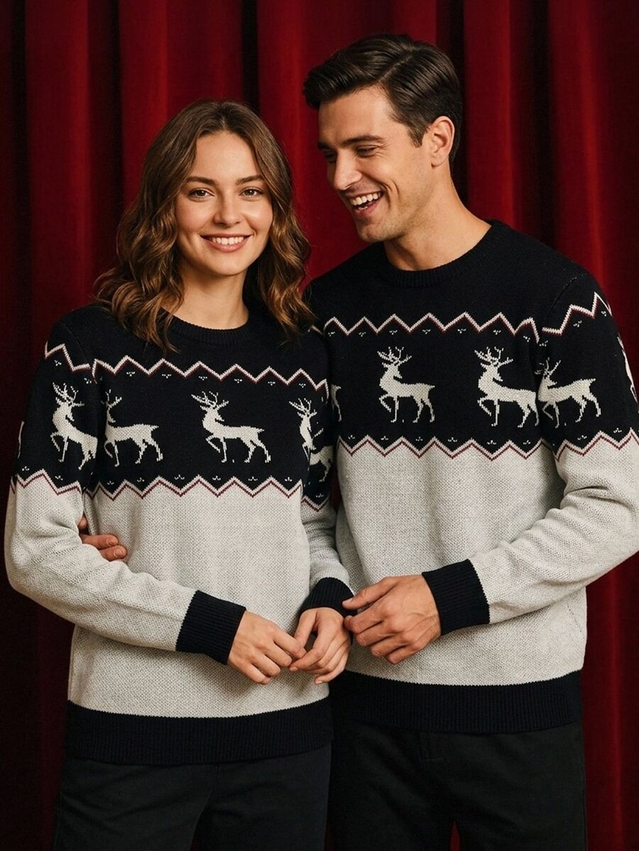 Manfinity Homme Men's Autumn/Winter Pullover Long Sleeve Crew Neck Knit Sweater With Christmas Elements,Cute Christmas Pullover Sweater , Fall/Winter - Multicolor - View 1