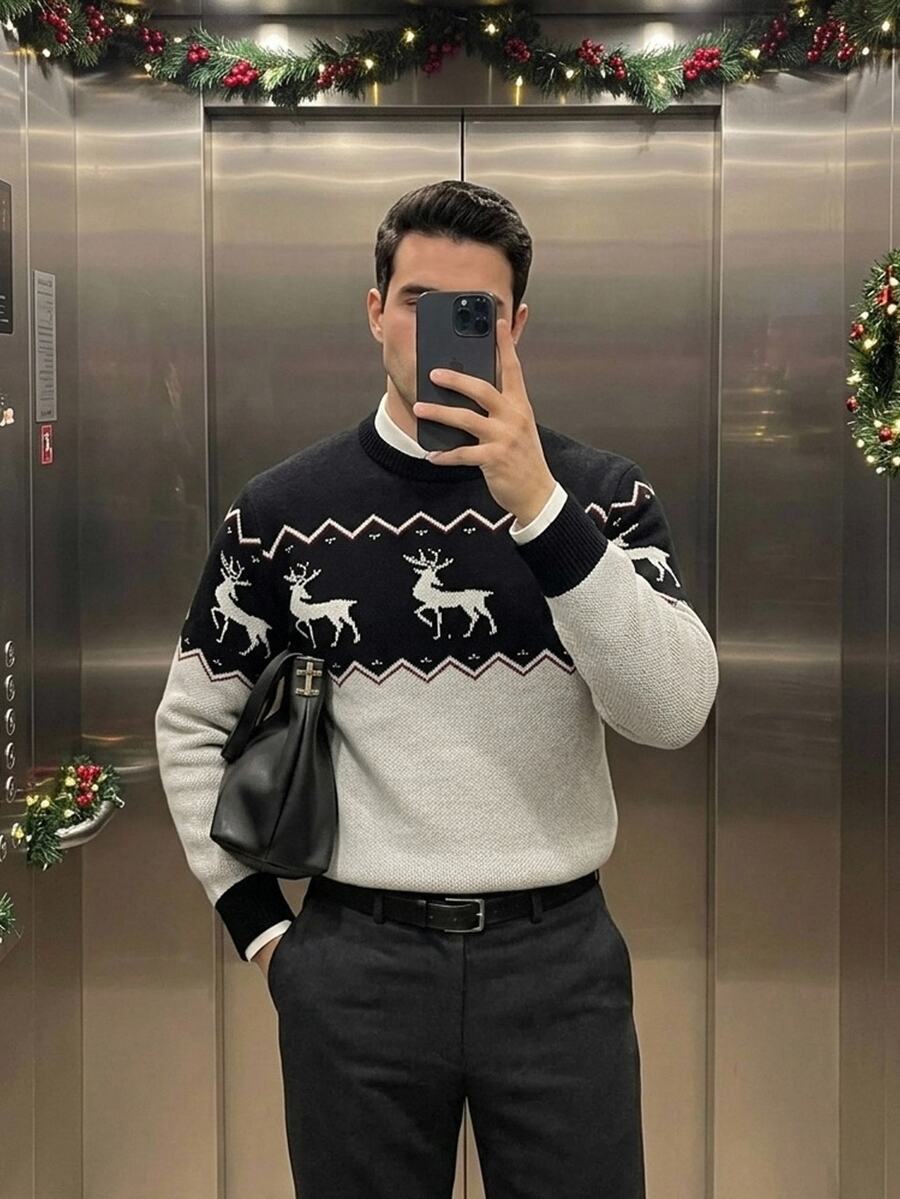 Manfinity Homme Men's Autumn/Winter Pullover Long Sleeve Crew Neck Knit Sweater With Christmas Elements,Cute Christmas Pullover Sweater , Fall/Winter - Multicolor - View 1