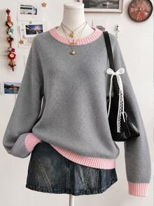 Lalippa Women's Sweet Fashion Colorblock Round Neck Long Sleeve Sweater - Grey - View 3