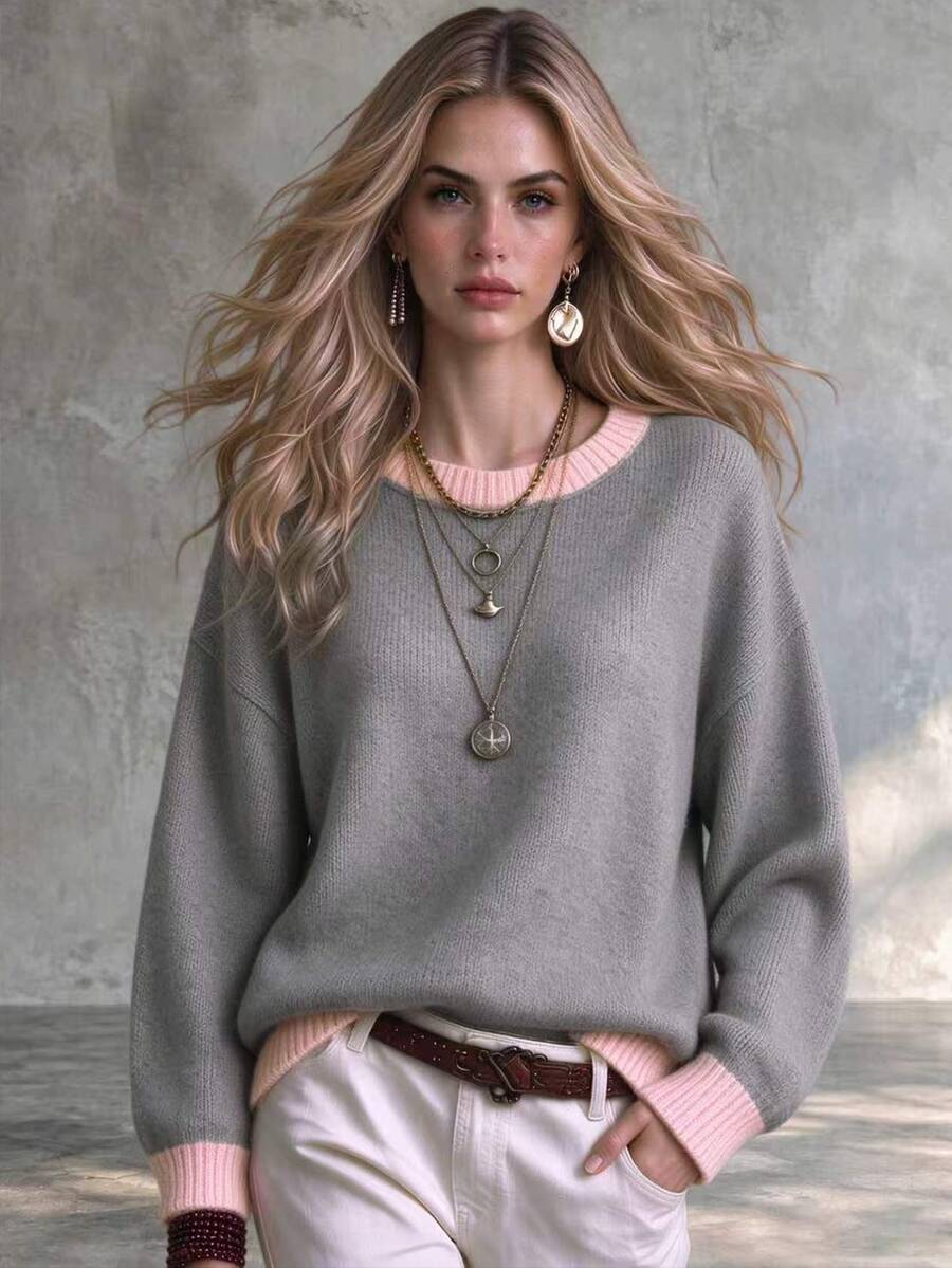 Lalippa Women's Sweet Fashion Colorblock Round Neck Long Sleeve Sweater - Grey - View 1