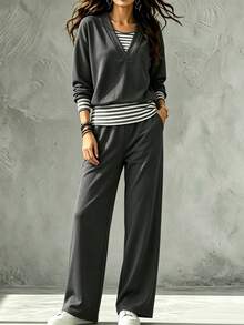 Zayélia Middle-Aged Women's Patchwork Striped 2 In 1 T-Shirt And Pants Sports Casual Normal Set Dates White Autumn - Multicolor - View 6