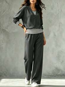 Zayélia Middle-Aged Women's Patchwork Striped 2 In 1 T-Shirt And Pants Sports Casual Normal Set Dates White Autumn - Multicolor - View 5