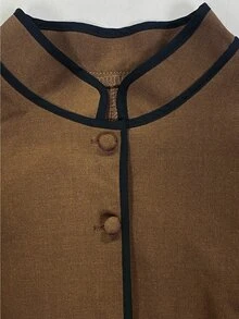 SHEIN 女款拼色休閒復古優雅百搭日常穿著辦公長袖夾克日常黑色條紋秋季 - 卡其色 - 查看 6