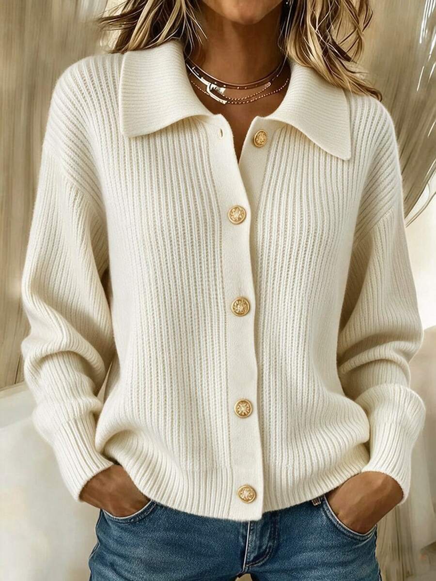 Franclia Women's Solid Color Drop Shoulder Long Sleeve Single-Breasted Casual Knit Cardigan - Apricot - View 1
