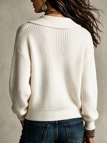 Franclia Women's Solid Color Drop Shoulder Long Sleeve Single-Breasted Casual Knit Cardigan - Apricot - View 2