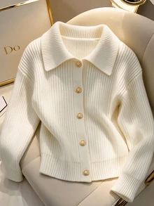 Franclia Women's Solid Color Drop Shoulder Long Sleeve Single-Breasted Casual Knit Cardigan - Apricot - View 3