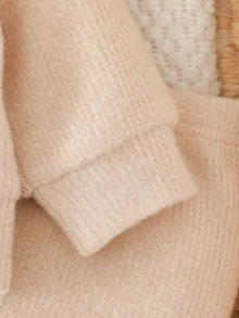 SHEIN 2pcs/Set Newborn Spring/Autumn Off-White Sweet Gentle Style Decor Cable Knit Hem Long Sleeve Cardigan & Matching Flower Decor Straight Leg Pants Set, - Apricot - View 6