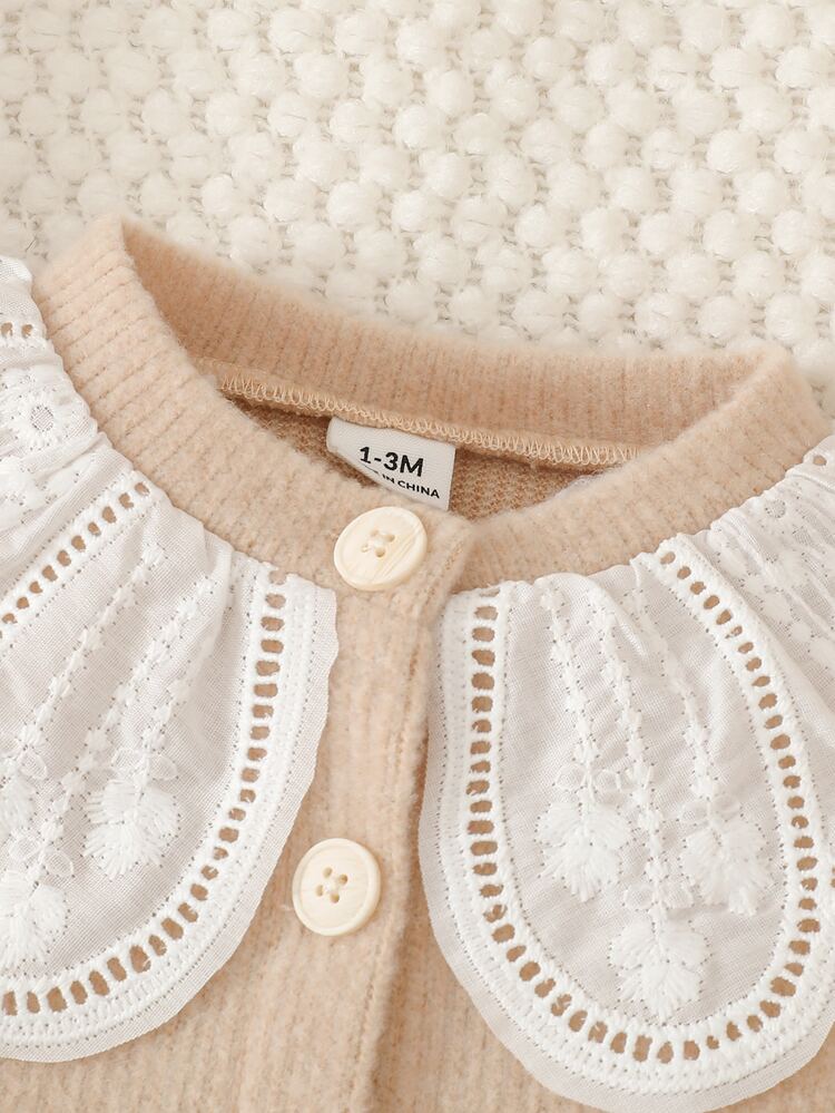 SHEIN 2pcs/Set Newborn Spring/Autumn Off-White Sweet Gentle Style Decor Cable Knit Hem Long Sleeve Cardigan & Matching Flower Decor Straight Leg Pants Set, - Apricot - View 3
