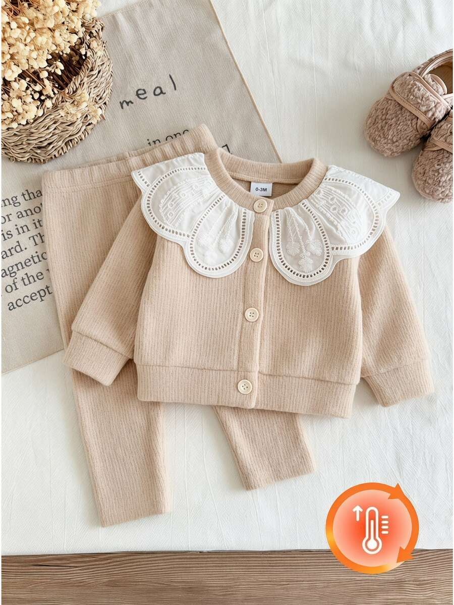 SHEIN 2pcs/Set Newborn Spring/Autumn Off-White Sweet Gentle Style Decor Cable Knit Hem Long Sleeve Cardigan & Matching Flower Decor Straight Leg Pants Set, - Apricot - View 1