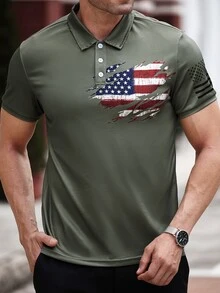 Gym Rark Boyfriend Style Men's Front Button Short Sleeve Printed Casual Sports Polo T-Shirt - Army Green - View 2